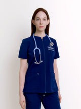 Person wearing a navy blue scrub top with 'Love Hospital' branding and a stethoscope around their neck on a white background.